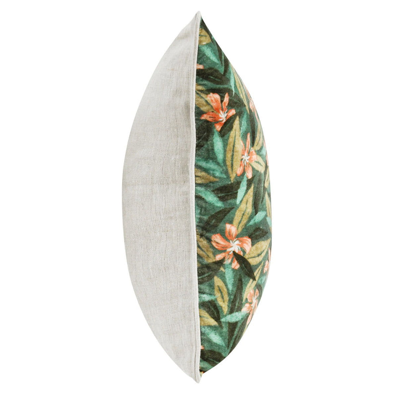 Decorative pillow with green floral front and solid light back; side shows piping.
