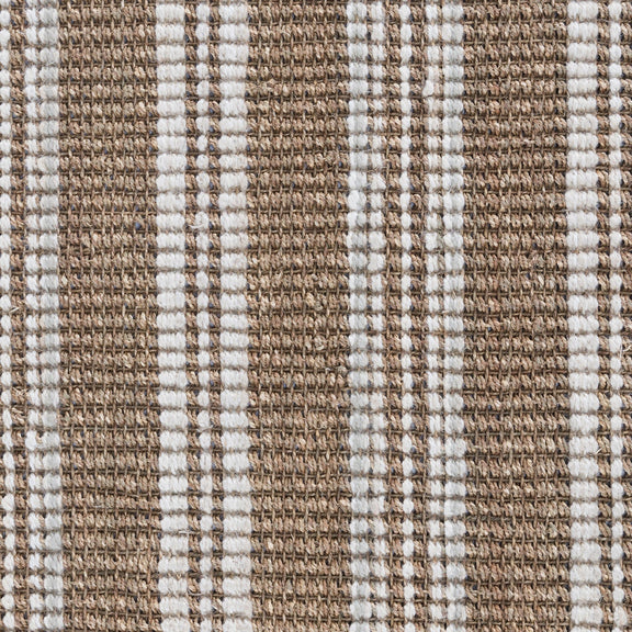 Close-up of tan and white vertical stripes in textured area rug weave.