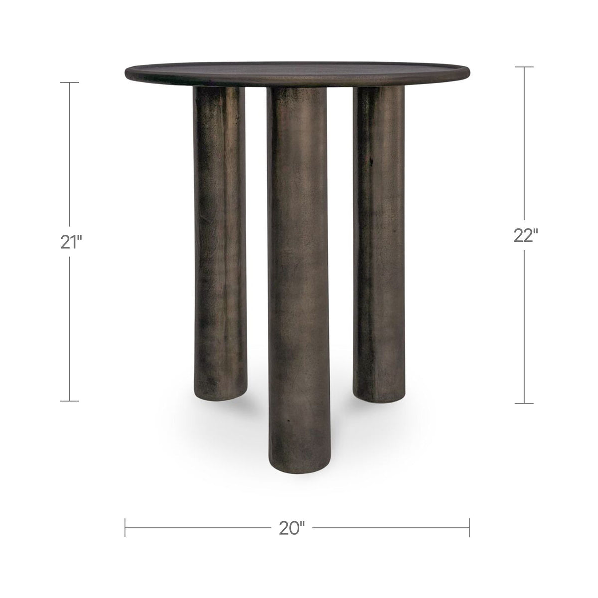 Outdoor side table in deep bronze with labeled 20 in x 21 in x 22 in dimensions