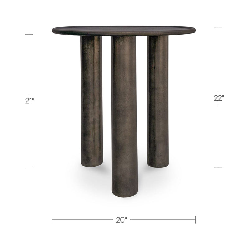 Outdoor side table in deep bronze with labeled 20 in x 21 in x 22 in dimensions