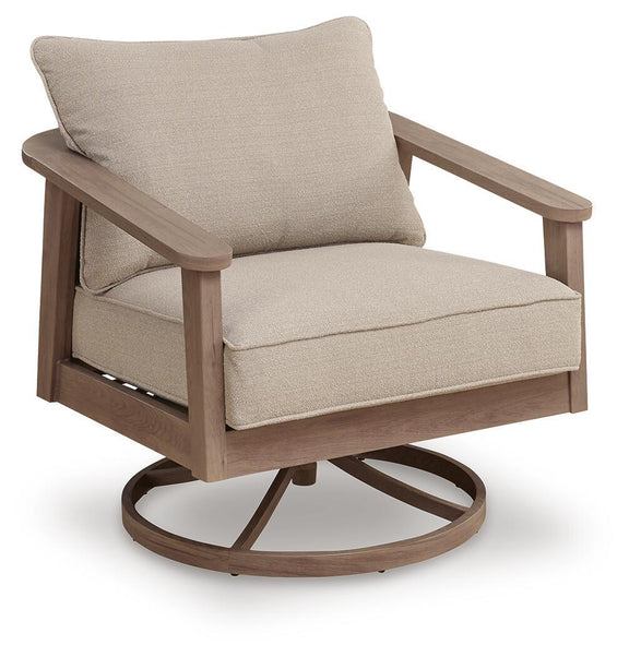 Natural/gray upholstered swivel lounge chair with tall back cushion and wooden arms