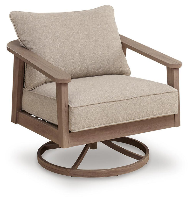 Natural/gray upholstered swivel lounge chair with tall back cushion and wooden arms