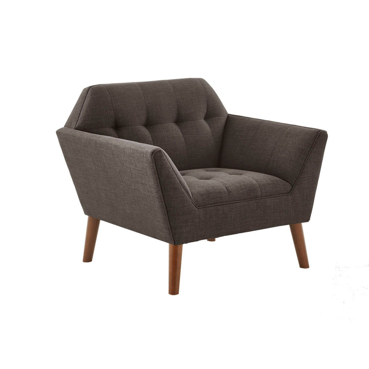 Modern lounge chair in dark gray fabric, button-tufted back, wide arms, wooden legs