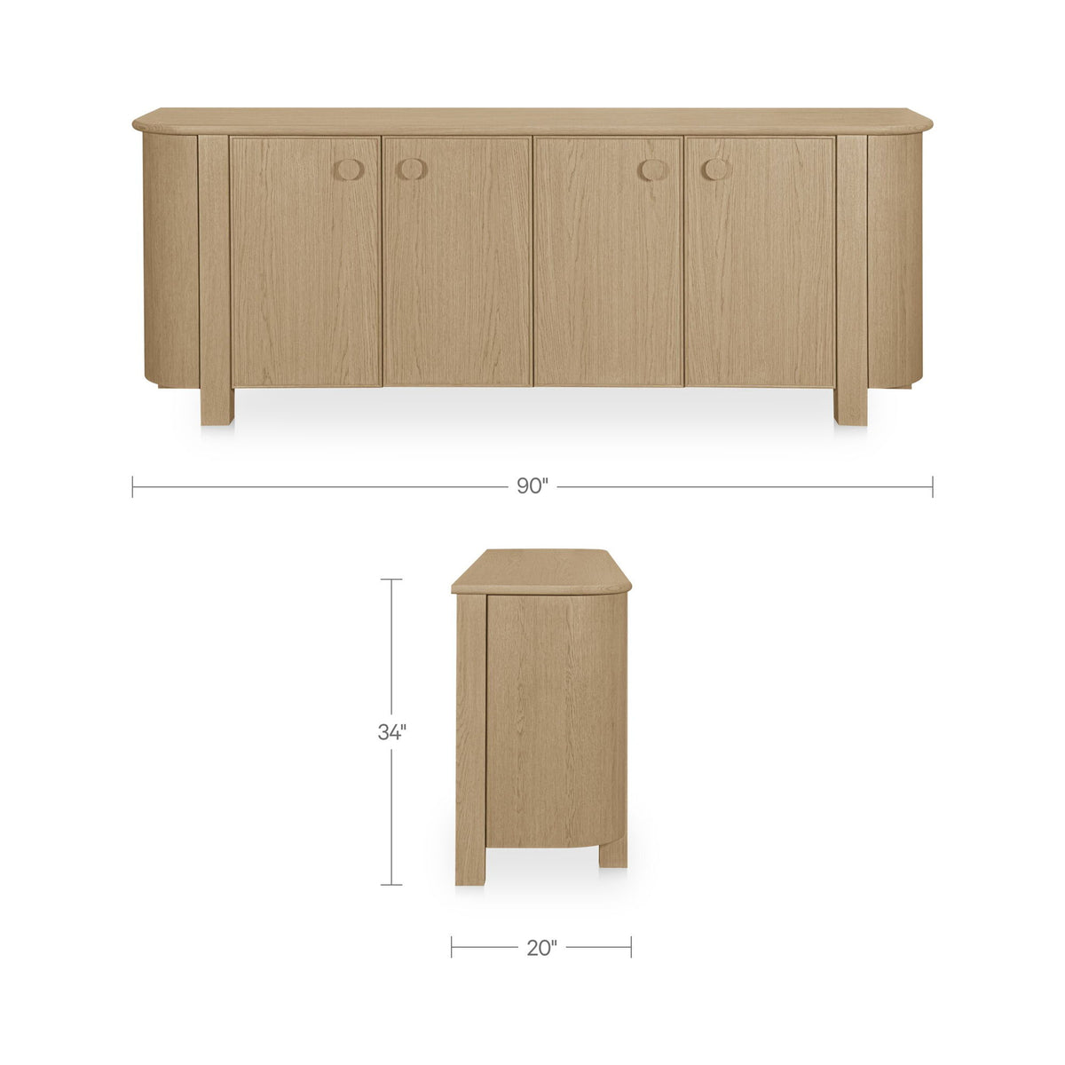 Natural wood sideboard with size diagram, multiple doors and round knobs