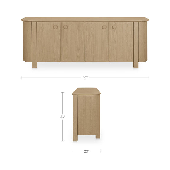 Natural wood sideboard with size diagram, multiple doors and round knobs