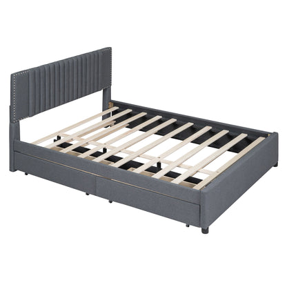 Upholstered Platform Bed With Drawers, Classic Headboard Design