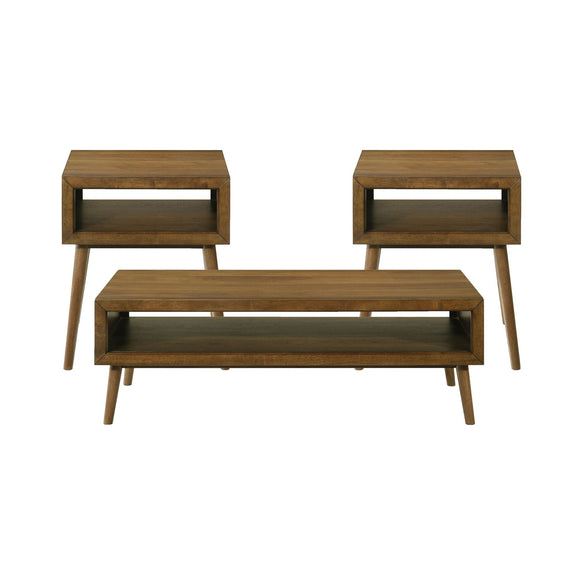 Brown occasional table set with a rectangular coffee table and two matching side tables