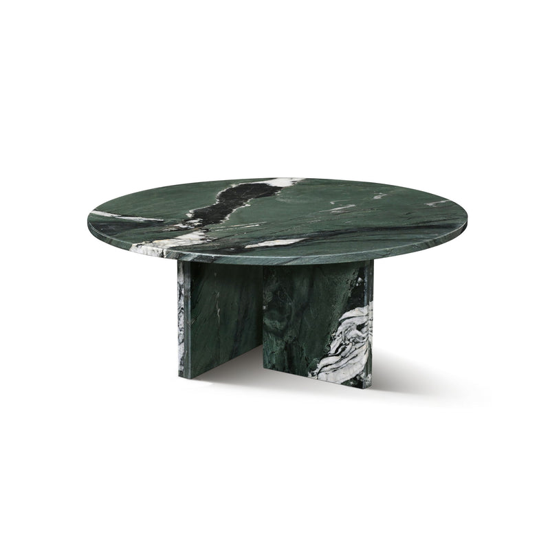 Round dark green stone coffee table with white veining on pedestal legs