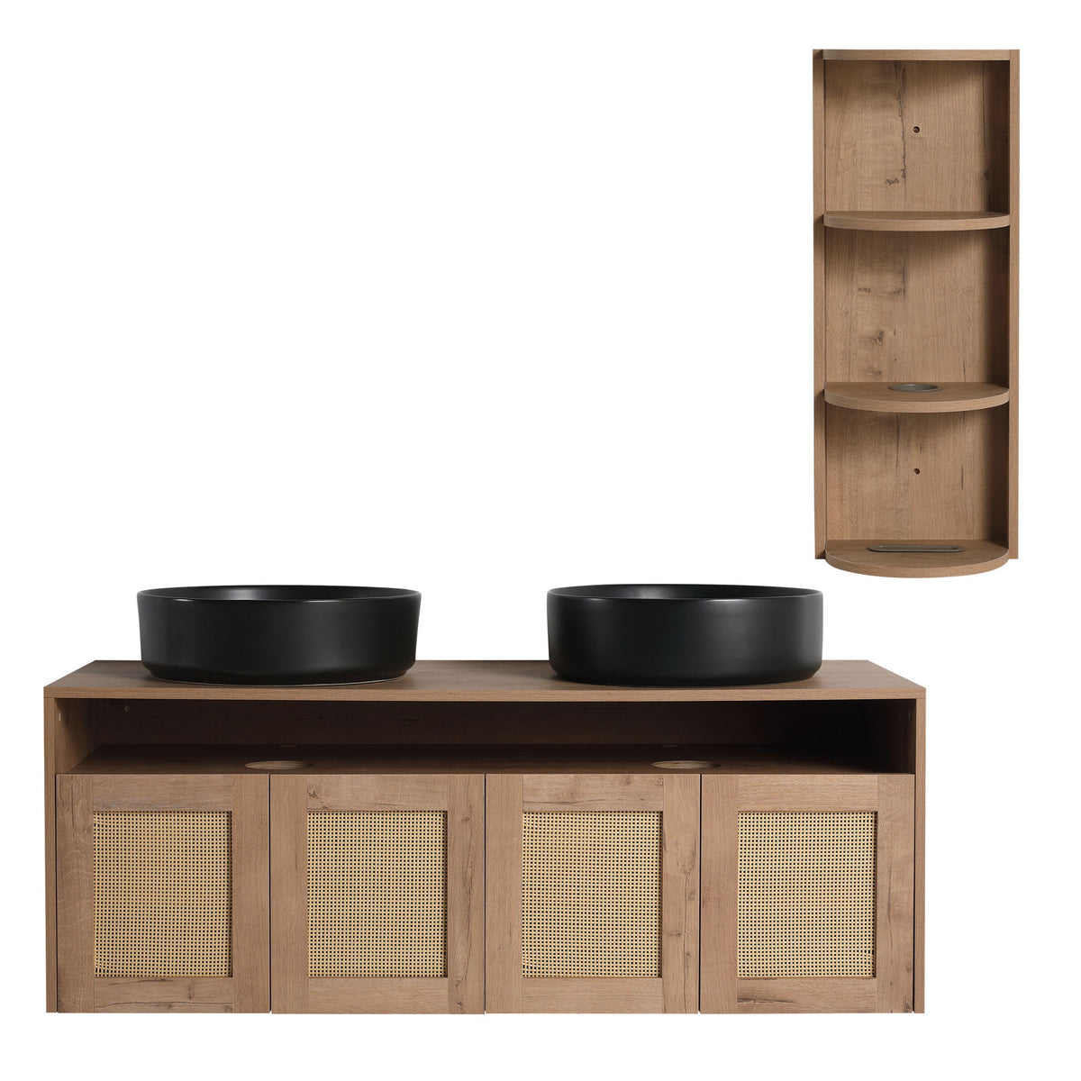 Bathroom vanity with two black vessel sinks and four rattan cabinet doors, with tall wall shelf.