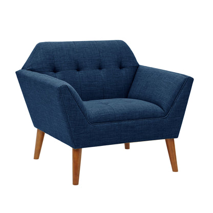 Modern lounge chair in dark blue fabric, button-tufted back, rolled arms, wooden legs