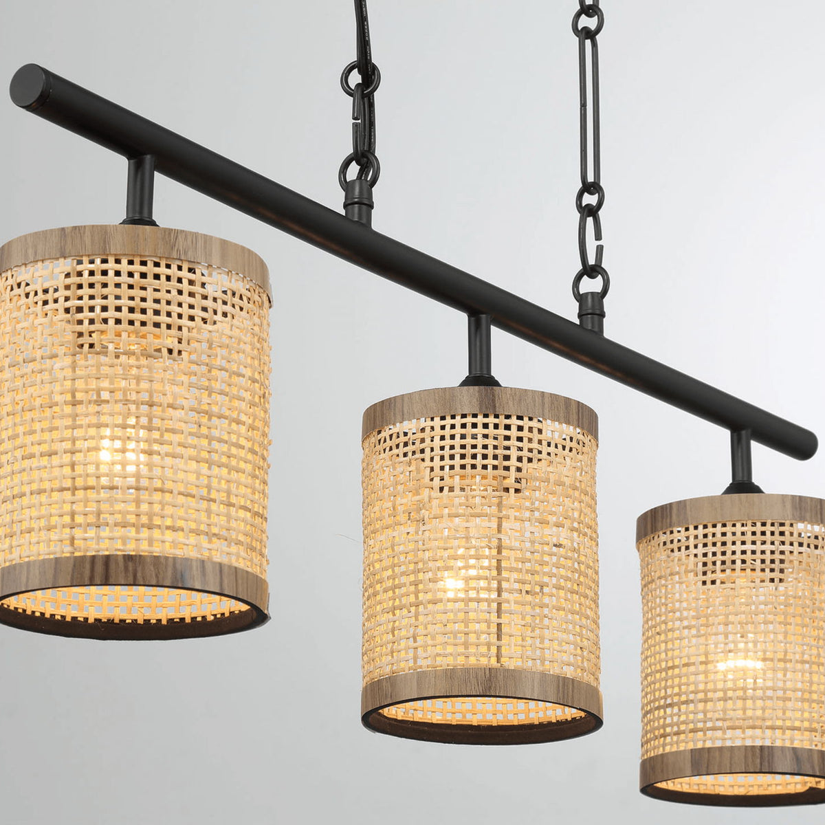 Elysian - 3 Lights Island With Natural Shade Farmhouse Chain Ceiling Lamp - Black / Rattan