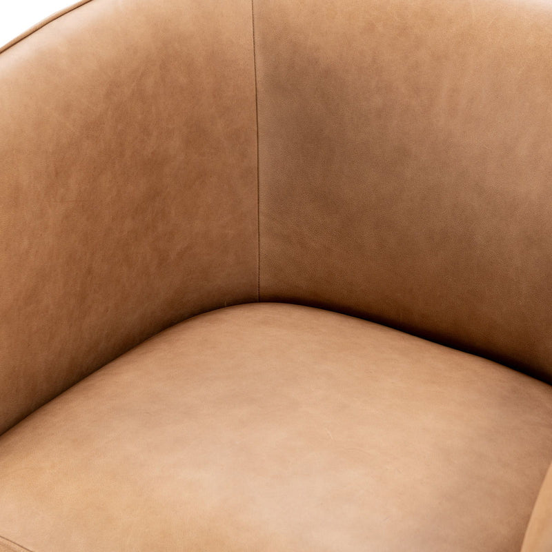 Rinner accent chair, tan seat and back close-up with center seam and smooth upholstery