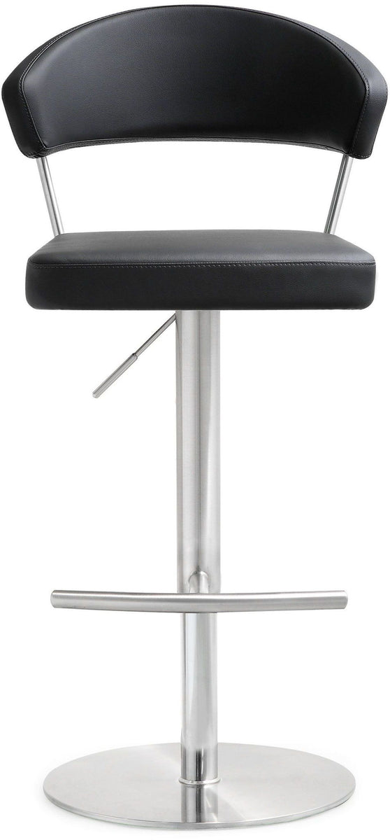 Black upholstered stainless steel barstool with curved backrest and round base