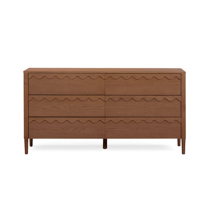 Dark brown 6-drawer dresser with wavy drawer fronts and tapered wooden legs