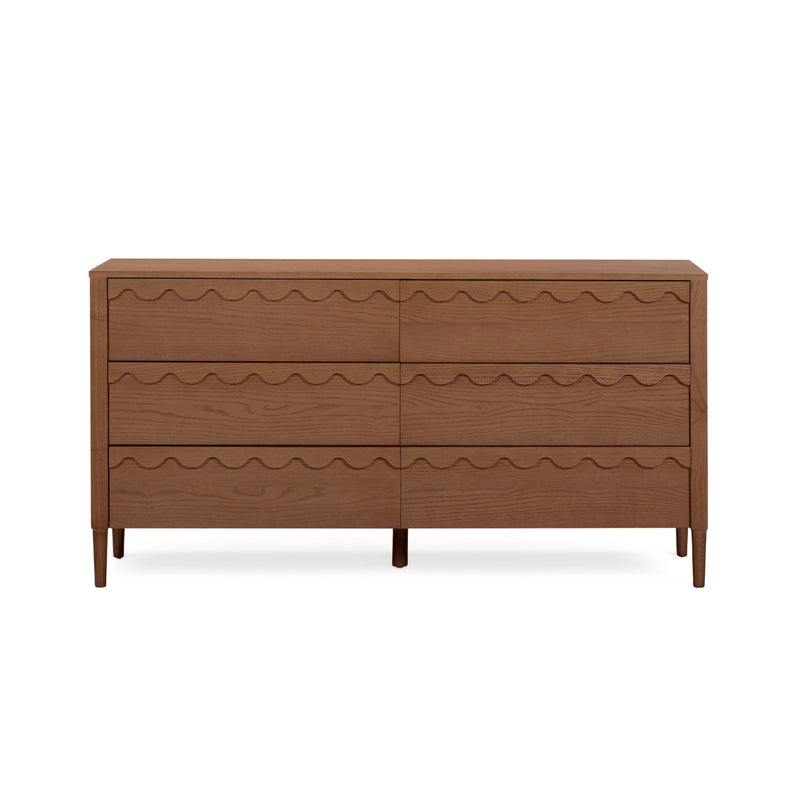 Dark brown 6-drawer dresser with wavy drawer fronts and tapered wooden legs