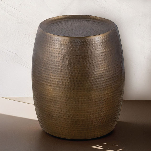 Bronze hammered metal end table with round tabletop and pedestal base