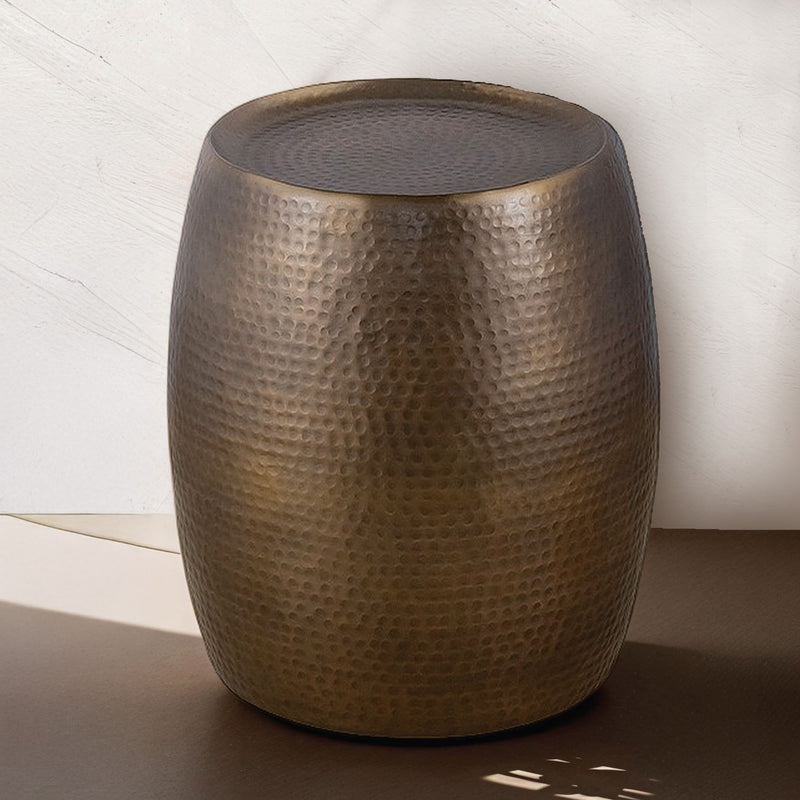 Bronze hammered metal end table with round tabletop and pedestal base