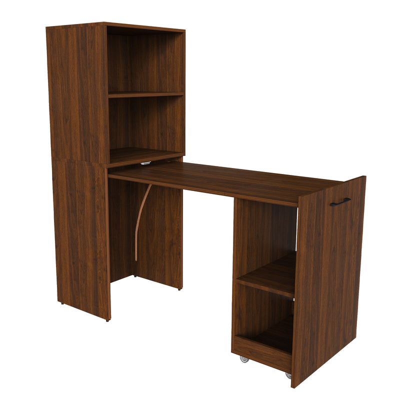Dark brown office desk with storage shelves and open lower cubby; mobile wheels