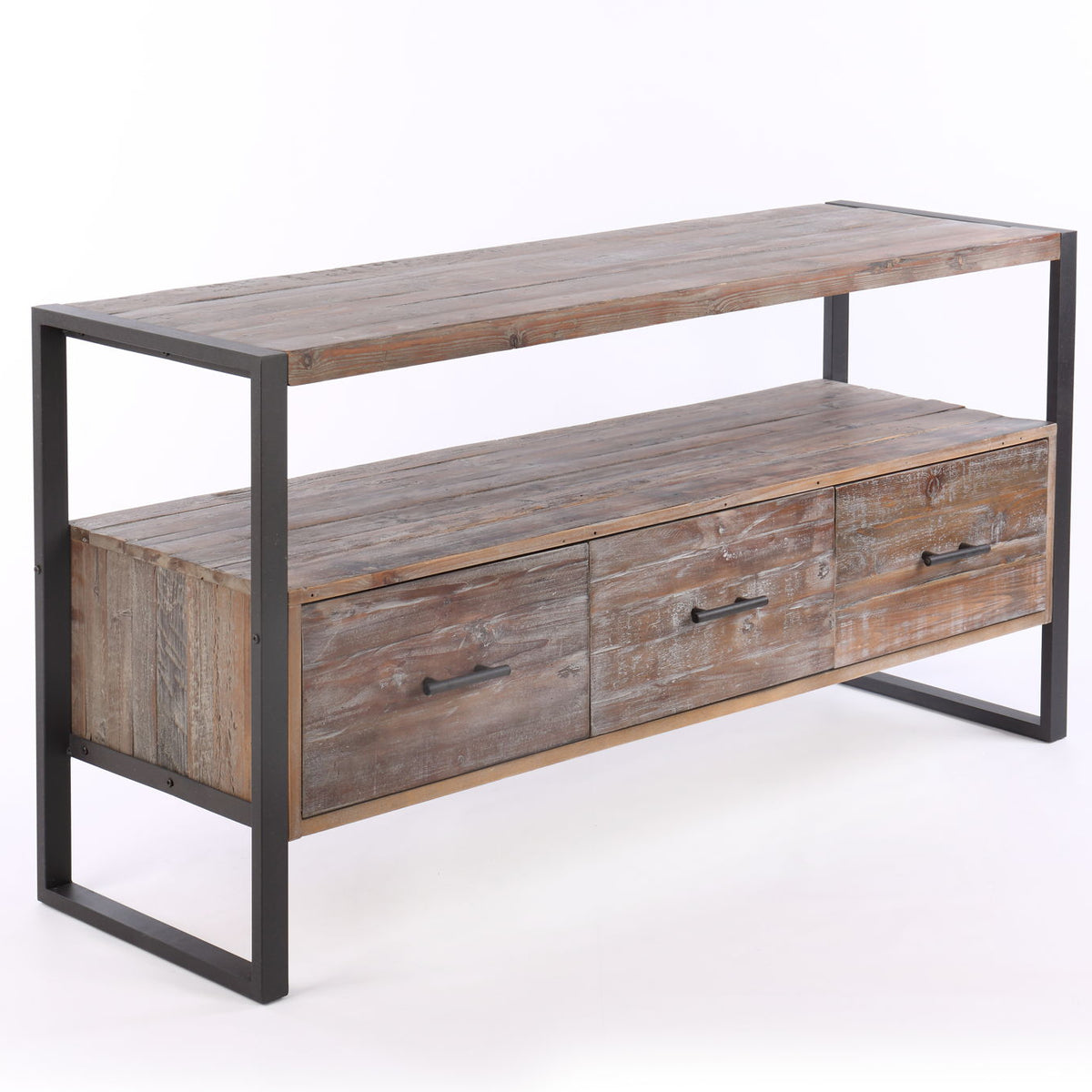 Reclaimed Wood Media TV Console Table With 3 Drarwer, Open Shelf - Antique Gray