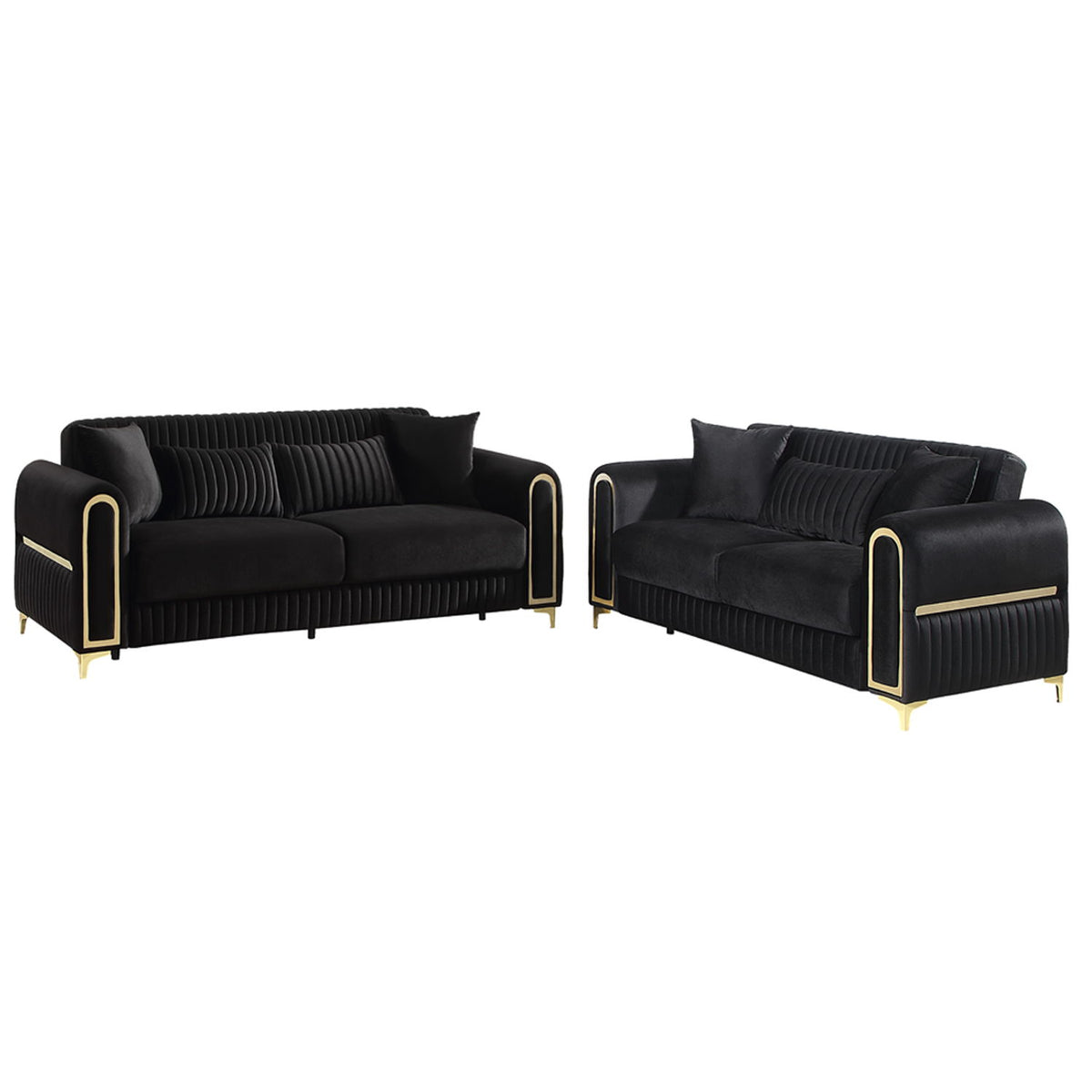 Black sofa set with ribbed cushions, matching loveseat and chair, gold-trim legs