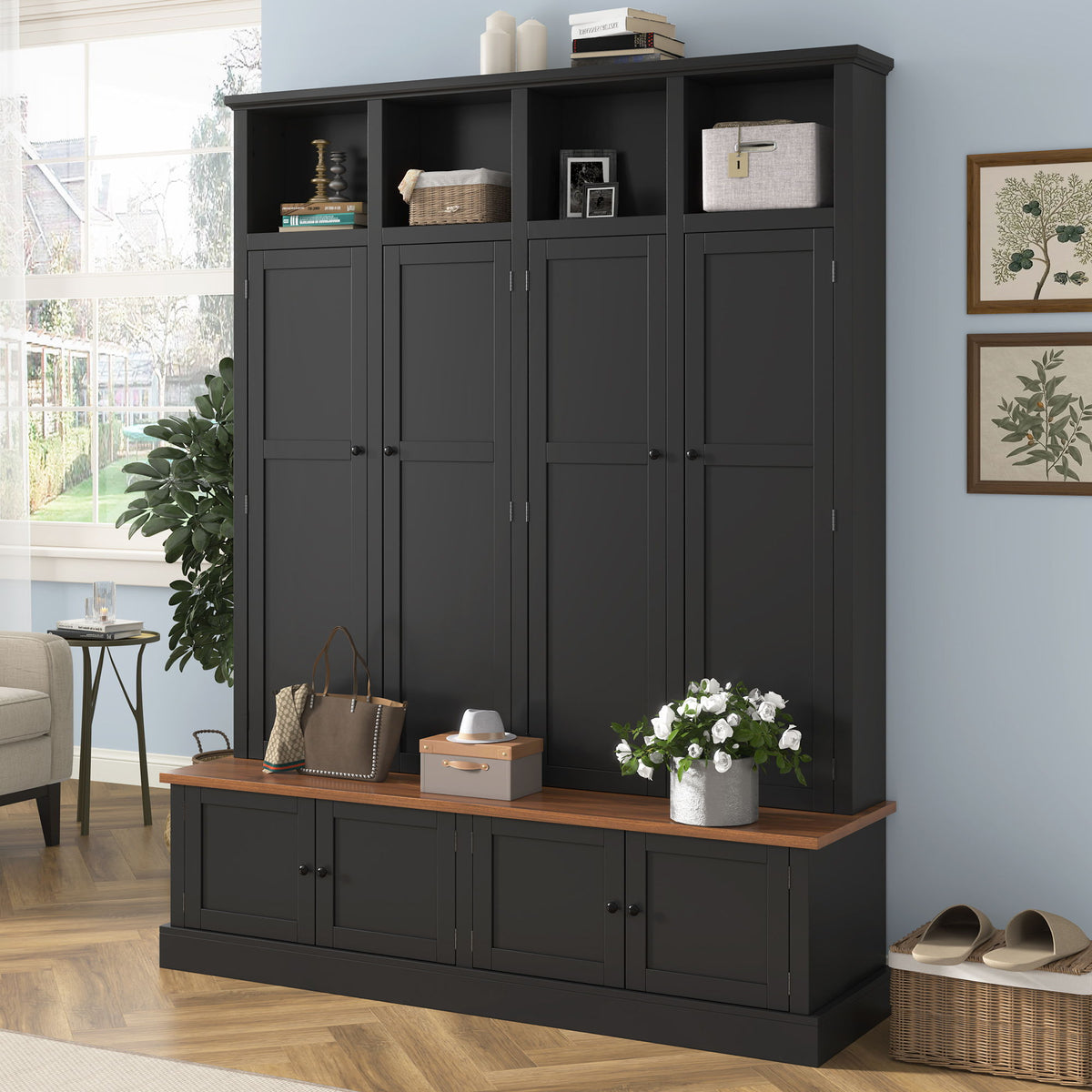 Black entryway hall tree cabinet with open storage cubbies, door fronts, and wood bench top.