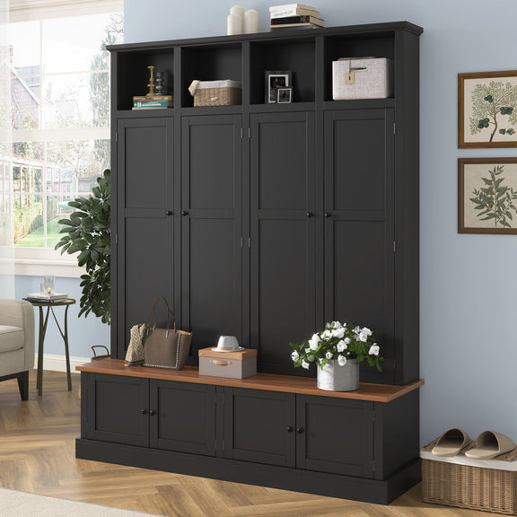 Black entryway hall tree cabinet with open storage cubbies, door fronts, and wood bench top.
