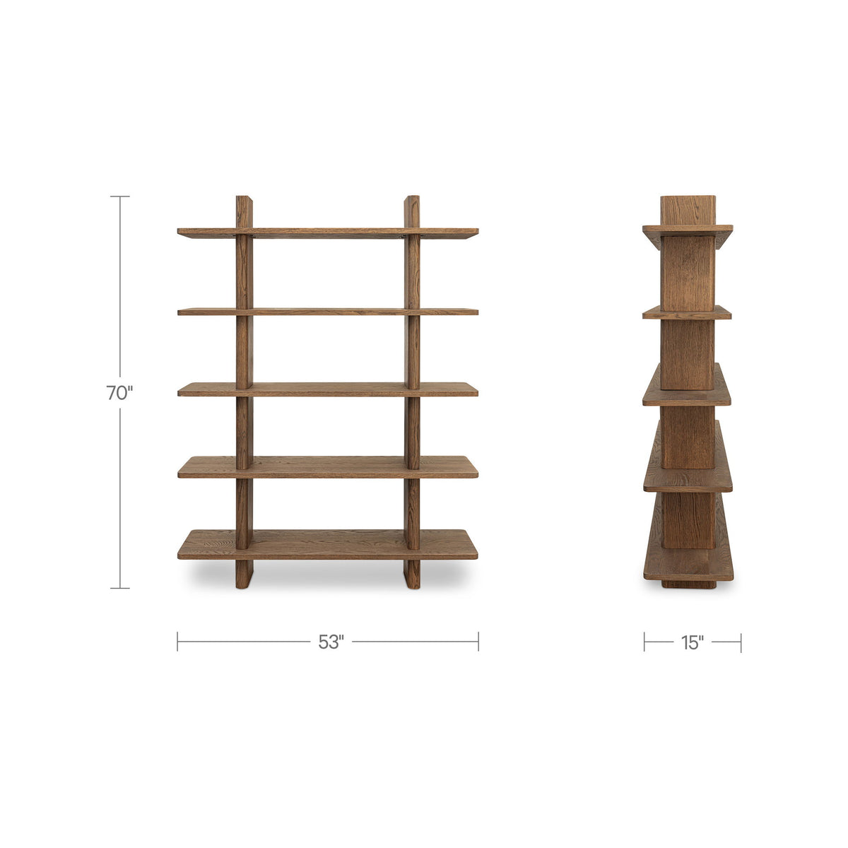 Dark brown wood bookcase side profile with height and width dimensions