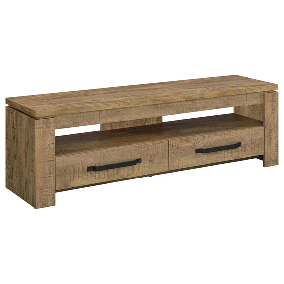 Mango wood TV stand with two drawers and open shelf, horizontal black pull handles