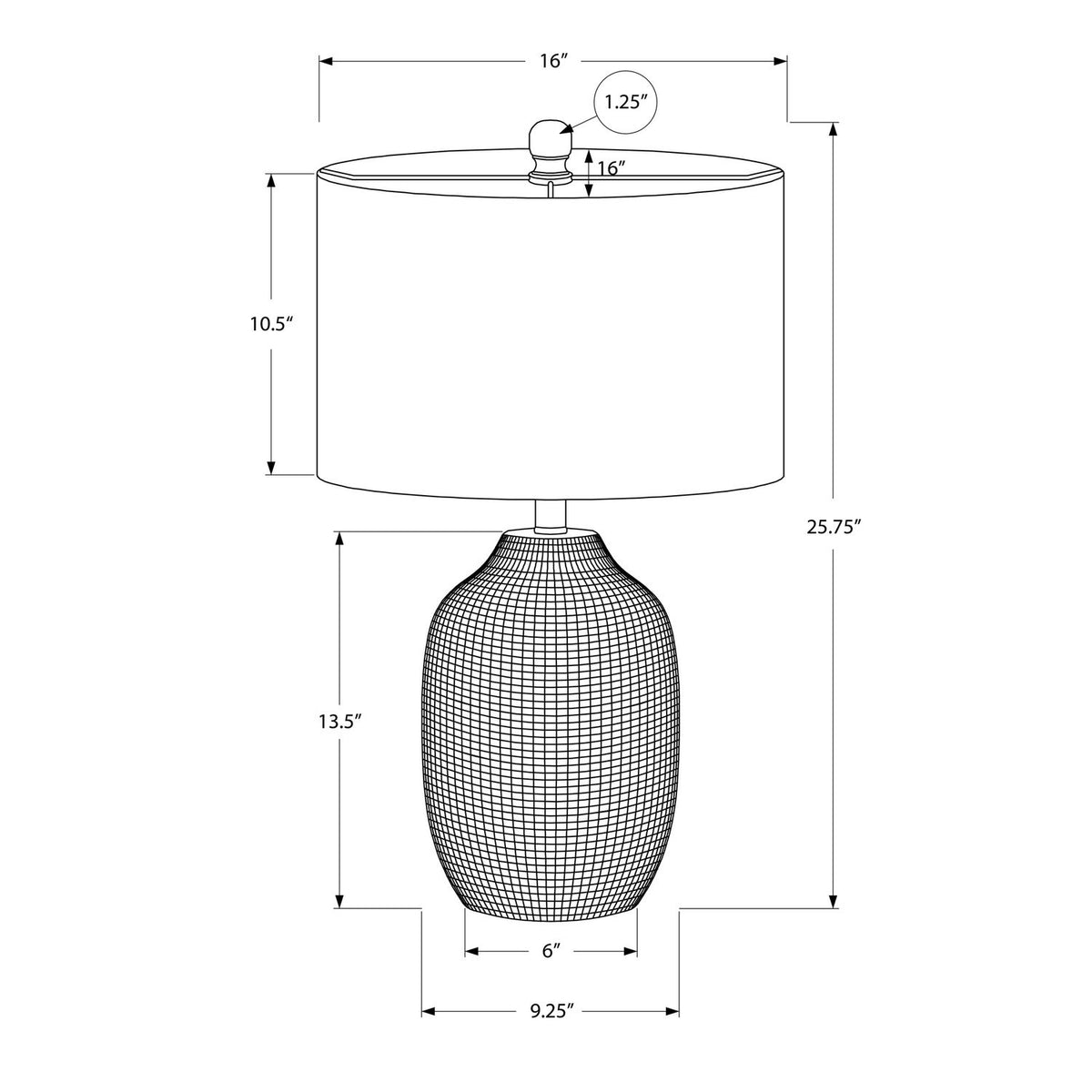 Table lamp size diagram: 25.75" height, 16" shade width, 6" base width
