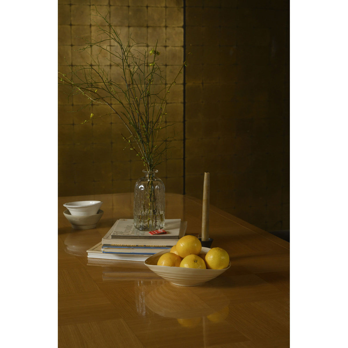 Natural wood dining table with smooth tabletop and rounded corner edges