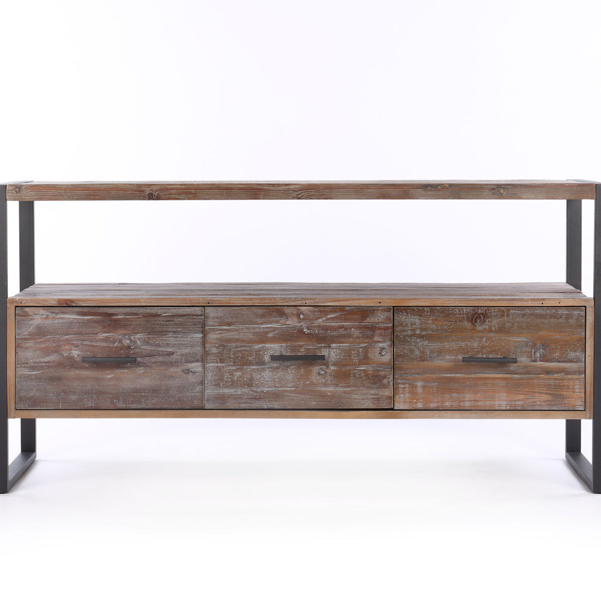 Reclaimed Wood Media TV Console Table With 3 Drarwer, Open Shelf - Antique Gray