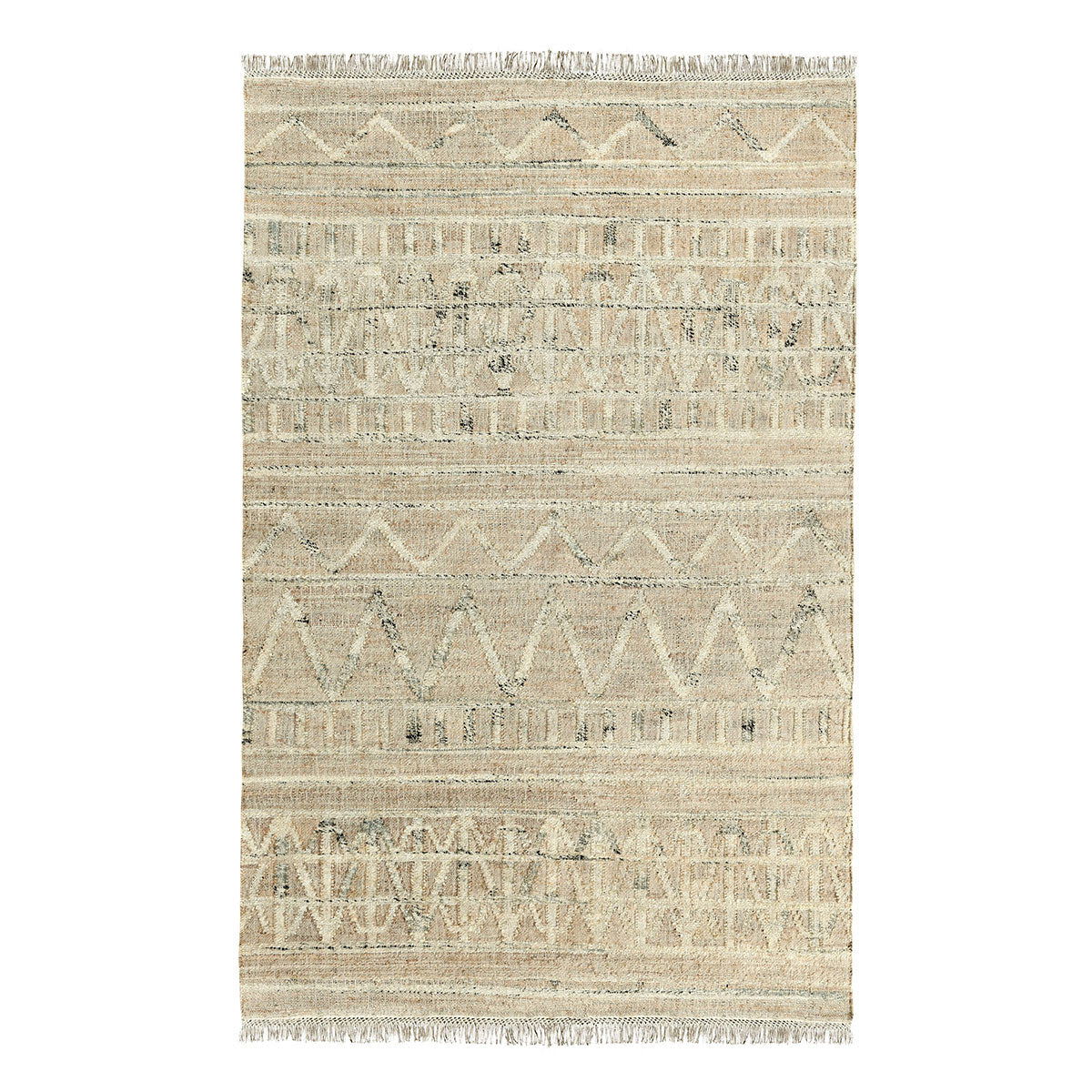 Distressed natural rug with repeating geometric bands and short fringe