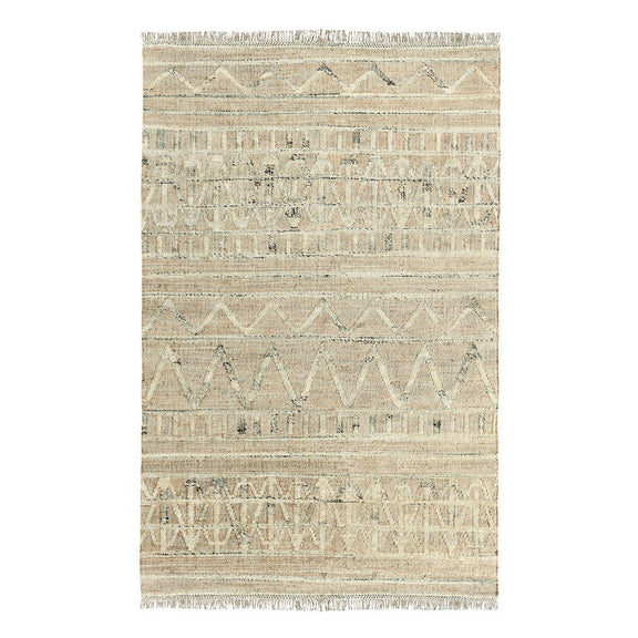 Distressed natural rug with repeating geometric bands and short fringe
