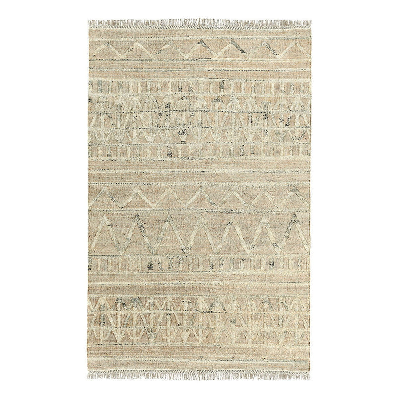 Distressed natural rug with repeating geometric bands and short fringe