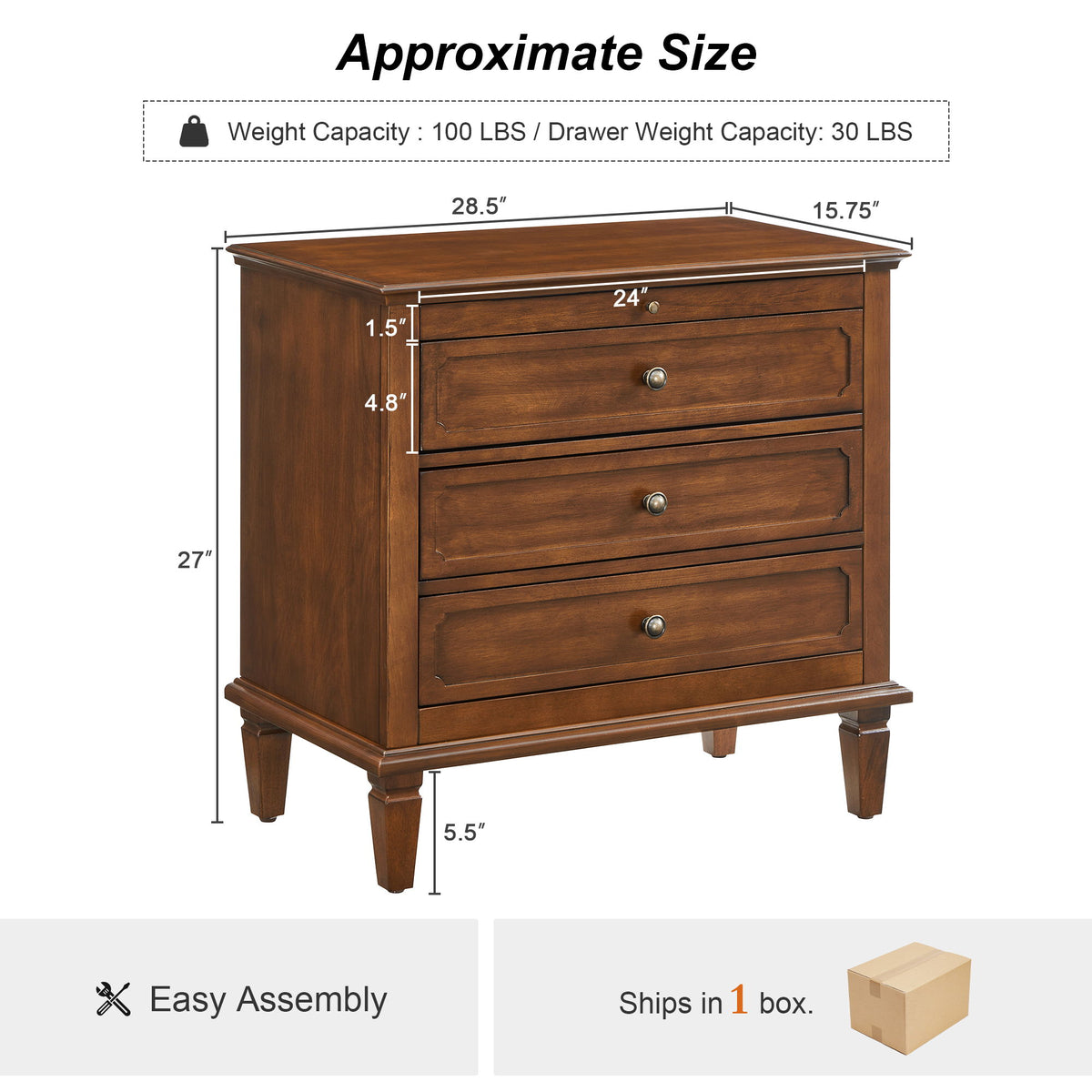 Dark brown three-drawer nightstand with dimensions and weight capacity shown