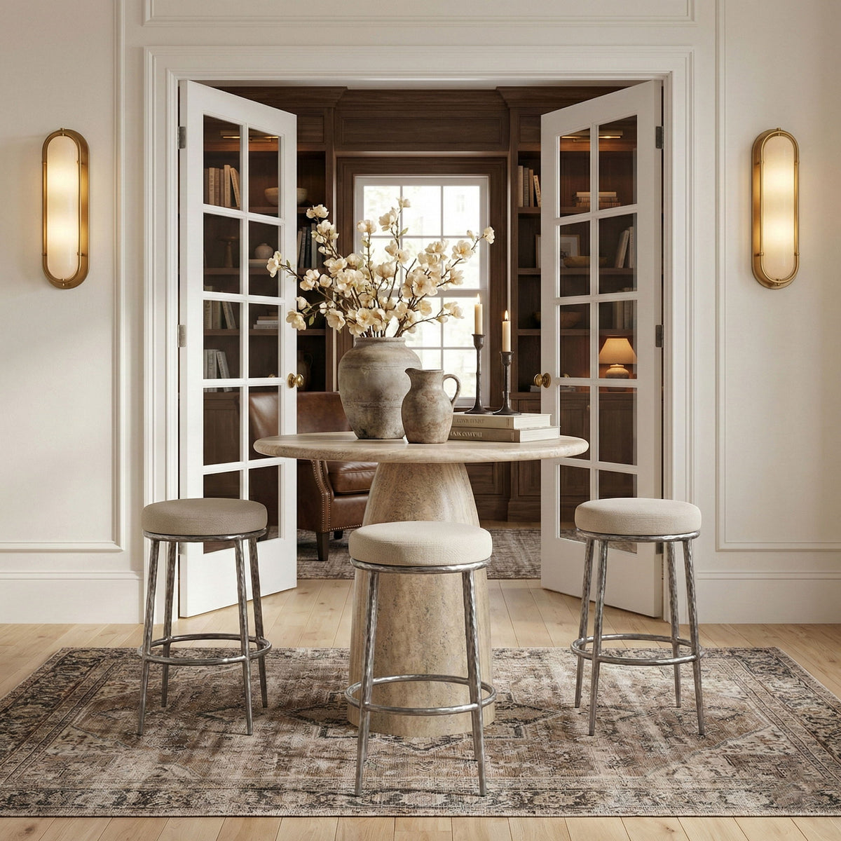 Set of three backless bar stools with antique silver frames