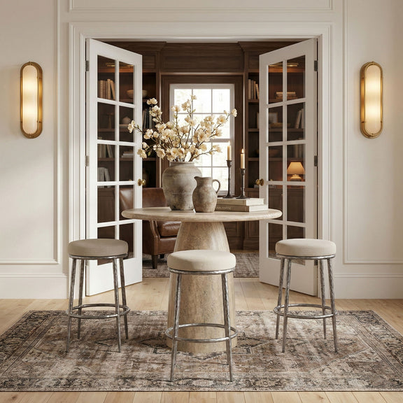 Set of three backless bar stools with antique silver frames