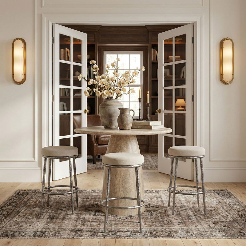 Set of three backless bar stools with antique silver frames