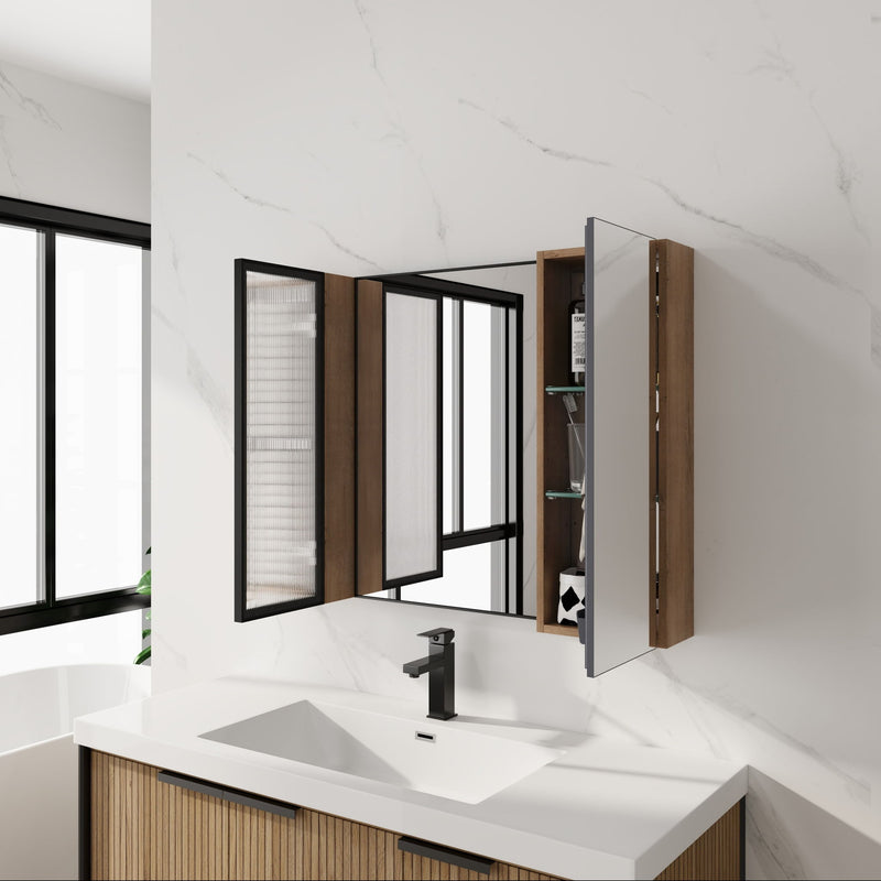 Wall-mounted oak cabinet with black-framed doors open beside sink, interior shelves visible