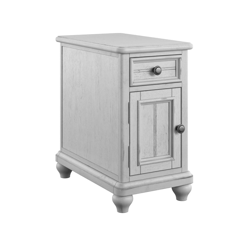 Gray chairside side table with drawer, panel door, and beveled top edge