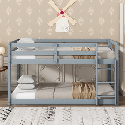 Solid Wooden, Solid Rubber Wooden Twin over Twin Floor Bunk Bed with Ladder, with Bed Platform of Strengthened Slats, Grey