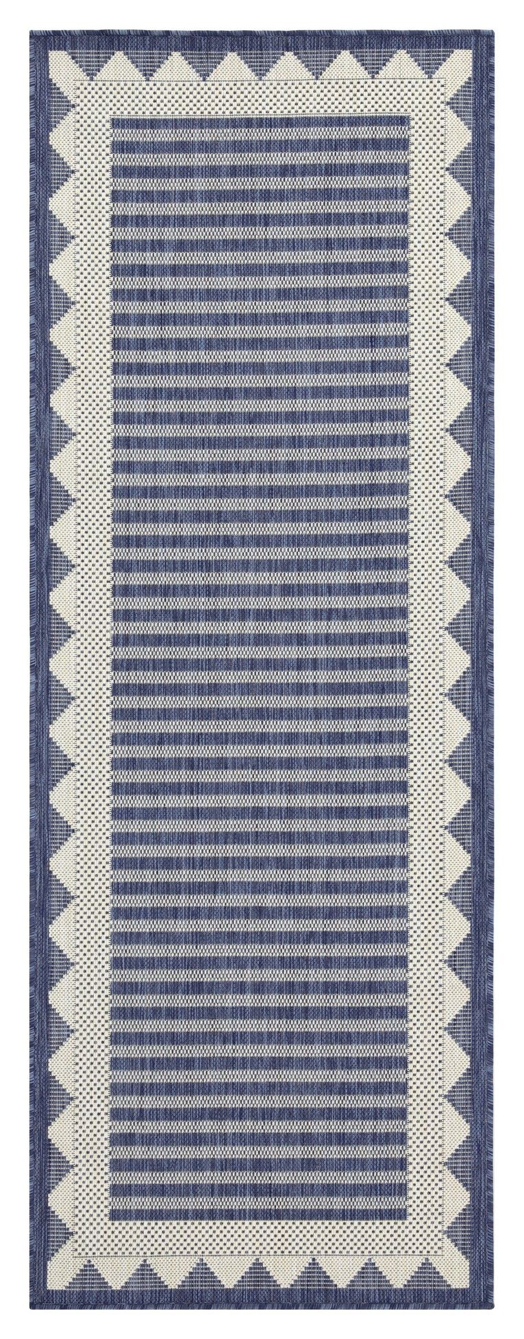 Navy blue area rug with vertical striped pattern and cream zigzag border