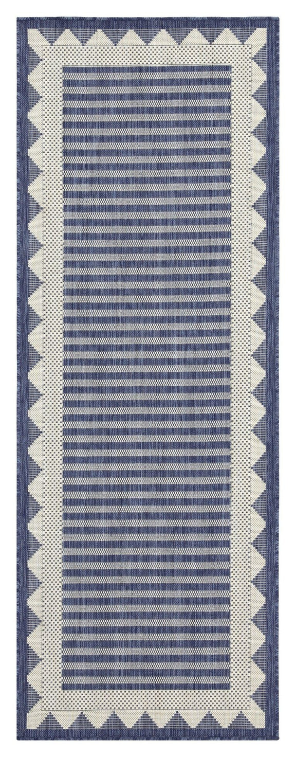 Blue area rug with striped center and zigzag border