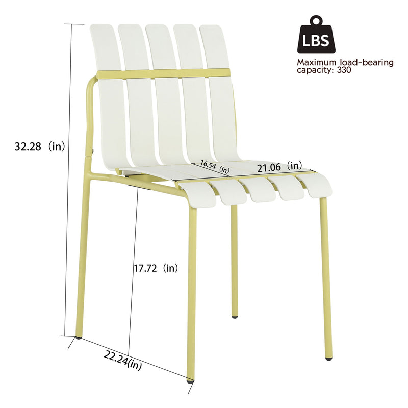 Yellow metal dining chair with white slatted seat and back