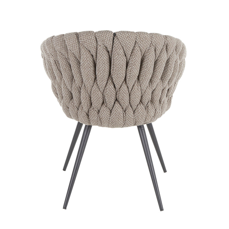Dark gray braided contemporary chair with rounded back and taupe seat cushion