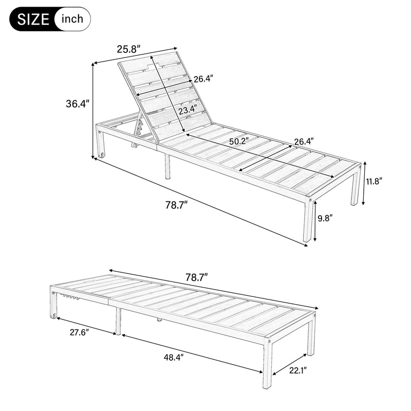 Adjustable chaise lounge dimension diagram with slatted wood panels and black frame