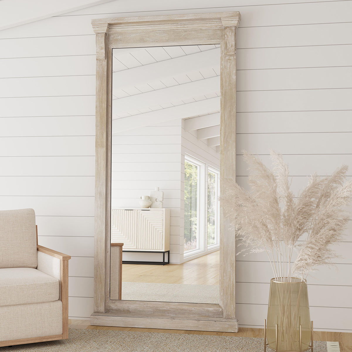 Natural white wash full-length floor mirror with thick rectangular frame