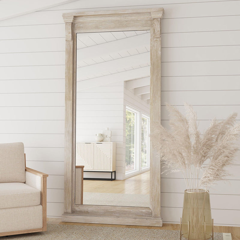 Natural white wash full-length floor mirror with thick rectangular frame