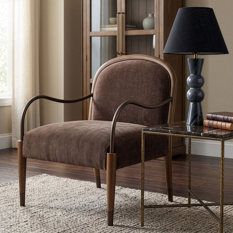 Dark brown fabric upholstered accent chair with arched back and curved arm frame