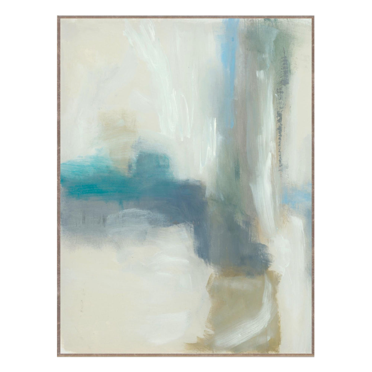 Framed abstract wall painting with blue and white brushstrokes on beige canvas